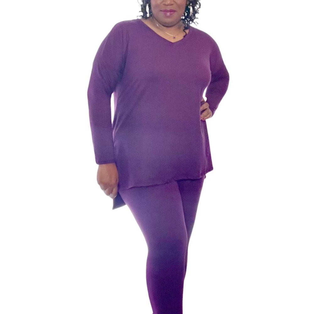 Plus Size Microfiber Long Sleeve Microfiber Top & Leggings Loungewear Set Plum